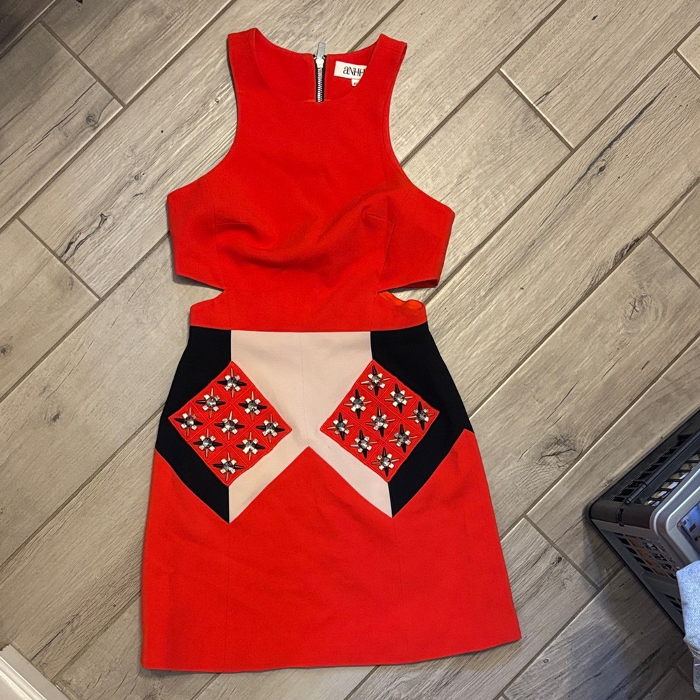 Coral Jeweled Colorblock Cocktail Dress
